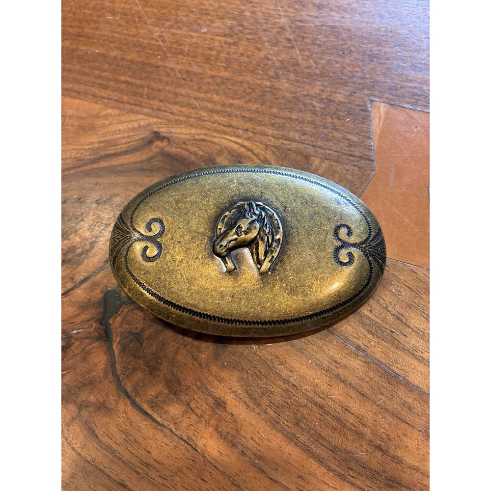 Vintage Horse Head Horse Shoe Southwestern Western Belt Buckle Gold Colored